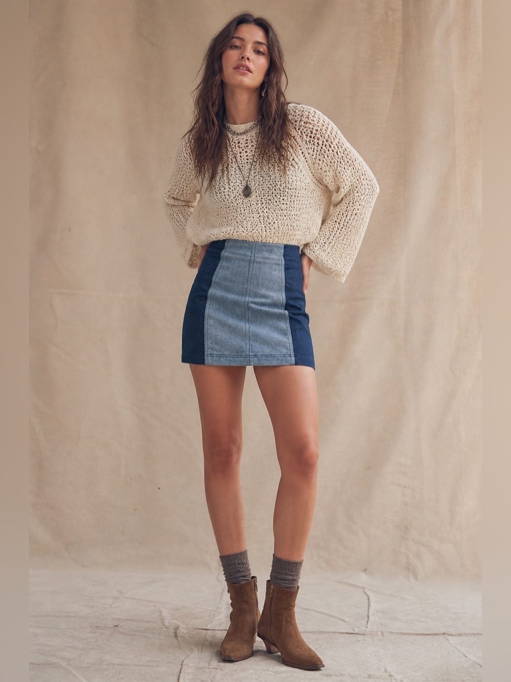 Free People Womens Modern Femme Denim Mini Skirt Sz 2 Blue Jean Colorblock Boho - Picture 8 of 8